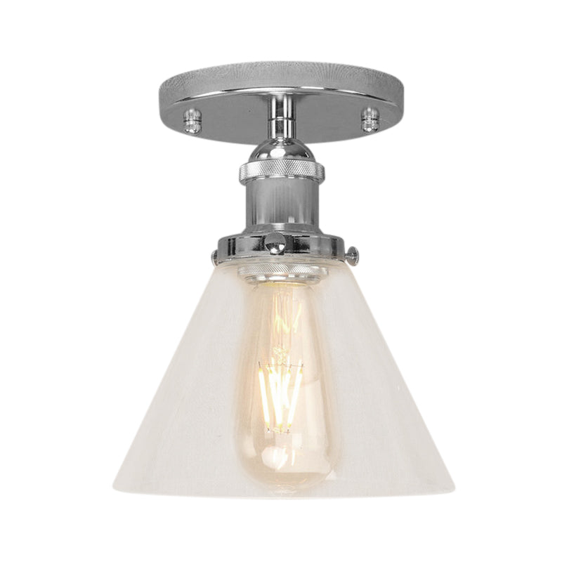 Single Bulb Semi-Flush Mount Industrial Conical Clear Glass Ceiling Light in Black / Brass / Copper