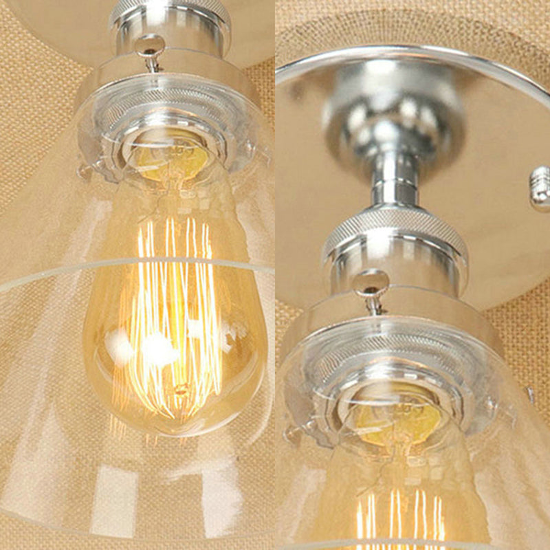 Single Bulb Semi-Flush Mount Industrial Conical Clear Glass Ceiling Light in Black / Brass / Copper