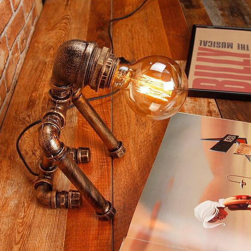 Standing/Sitting Robot Metallic Table Light with Pipe Industrial Stylish 1 Bulb Coffee Shop Table Lamp in Bronze