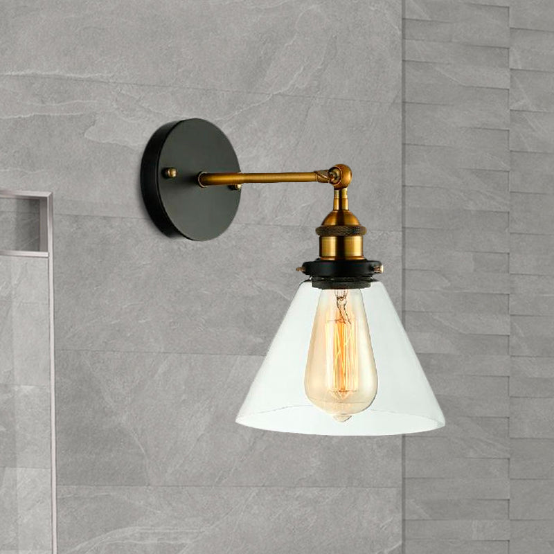 One Bulb Clear Glass Sconce Light Fixture Industrial Black Conical Bedroom Wall Lamp