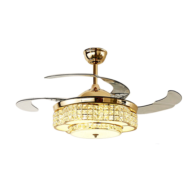 42 "W LED Hangende ventilatorlicht Moderne cirkelvormige heldere vierkante kristallen 3 bladen semi-flush mount in goud