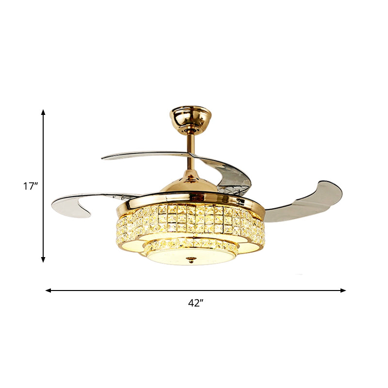 42 "W LED Hangende ventilatorlicht Moderne cirkelvormige heldere vierkante kristallen 3 bladen semi-flush mount in goud