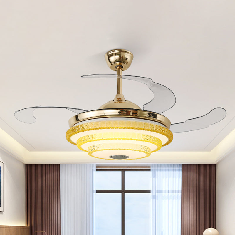 3 Blades Moderne Ronde Semi Flush Bevel gesneden kristallen LED plafondventilator Lamp in goud, 42 "breedte