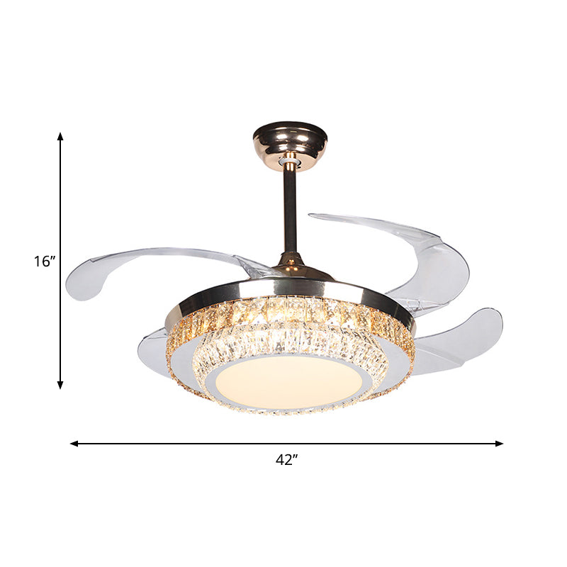 42 "breite LED Semi Flush Contemporary Runde rechteckige Kristalle 4 Blades Anhängerlüfterlampe in Silber