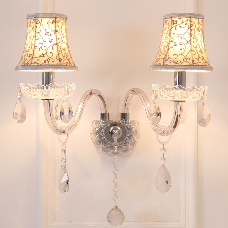 2 Heads Wall Sconce with Bell Shade Flower-Patterned Fabric Traditional Bedroom Wall Lamp with Crystal Droplets