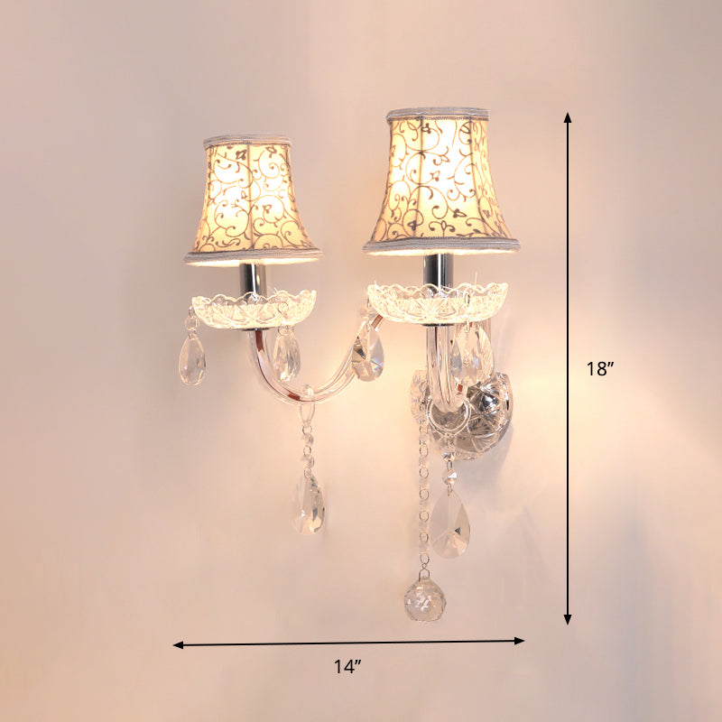 2 Heads Wall Sconce with Bell Shade Flower-Patterned Fabric Traditional Bedroom Wall Lamp with Crystal Droplets