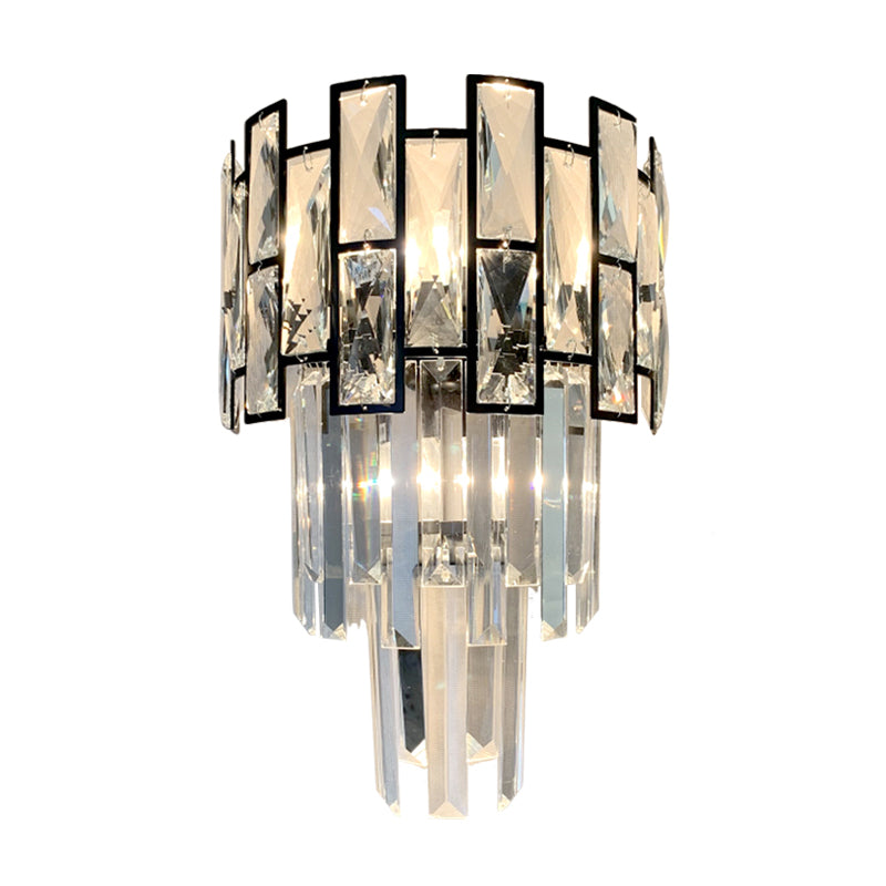 3 Heads Tapered Flush Mount Contemporary Black Finish Crystal Embedded Surface Wall Sconce
