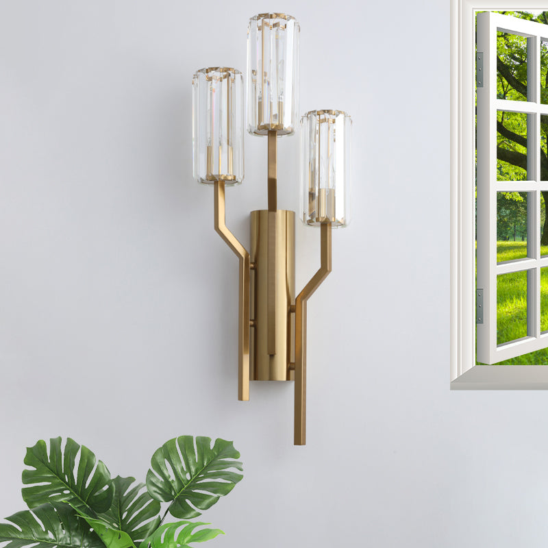 3 Bulbs Crooked Arm Wall Lamp Modern Gold Metal Wall Sconce with Crystal Cylindrical Shade