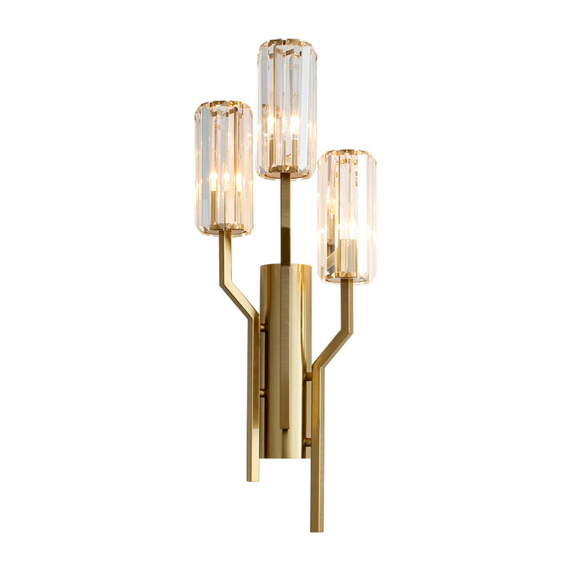 3 Bulbs Crooked Arm Wall Lamp Modern Gold Metal Wall Sconce with Crystal Cylindrical Shade