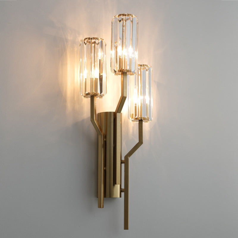 3 Bulbs Crooked Arm Wall Lamp Modern Gold Metal Wall Sconce with Crystal Cylindrical Shade