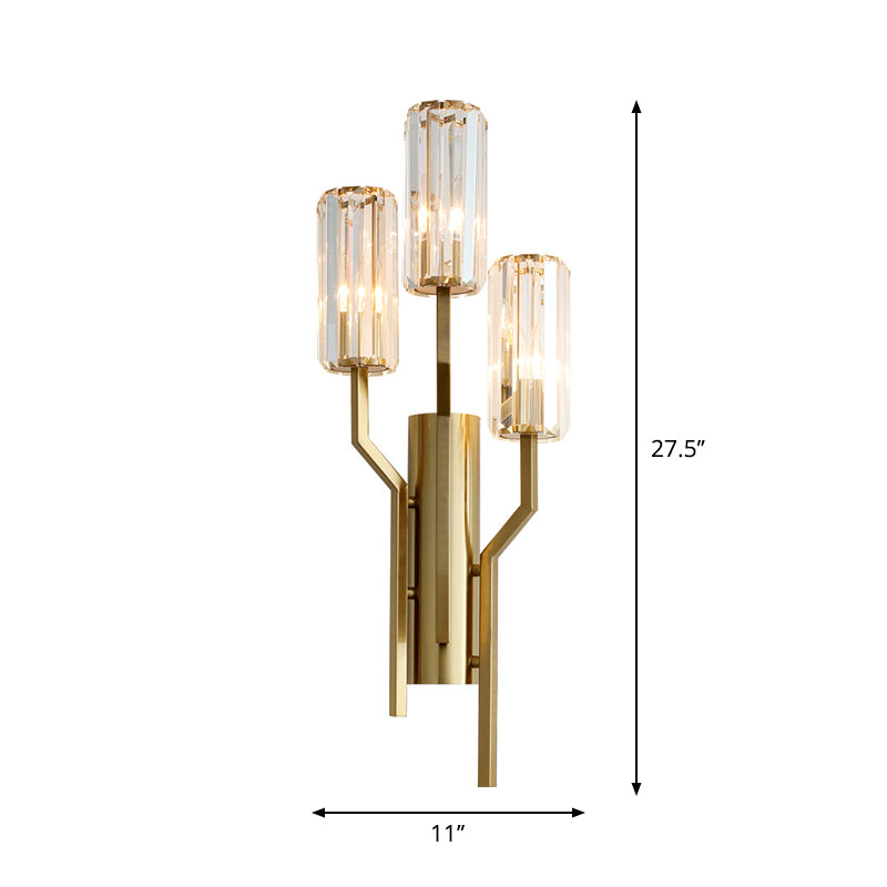 3 Bulbs Crooked Arm Wall Lamp Modern Gold Metal Wall Sconce with Crystal Cylindrical Shade