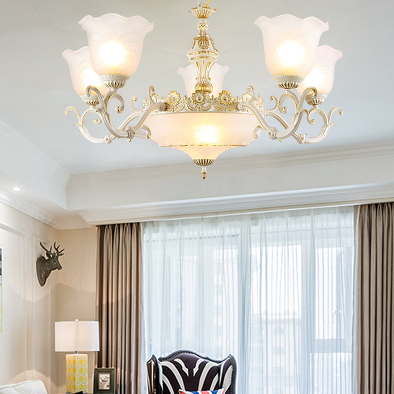 Opaline Glass Flower Ceiling Lamp Traditional 5/7-Light Drawing Room Pendant Chandelier in White and Gold