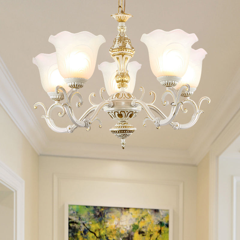 Opaline Glass Flower Ceiling Lamp Traditional 5/7-Light Drawing Room Pendant Chandelier in White and Gold
