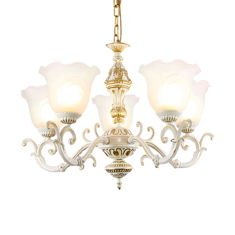 Opaline Glass Flower Ceiling Lamp Traditional 5/7-Light Drawing Room Pendant Chandelier in White and Gold