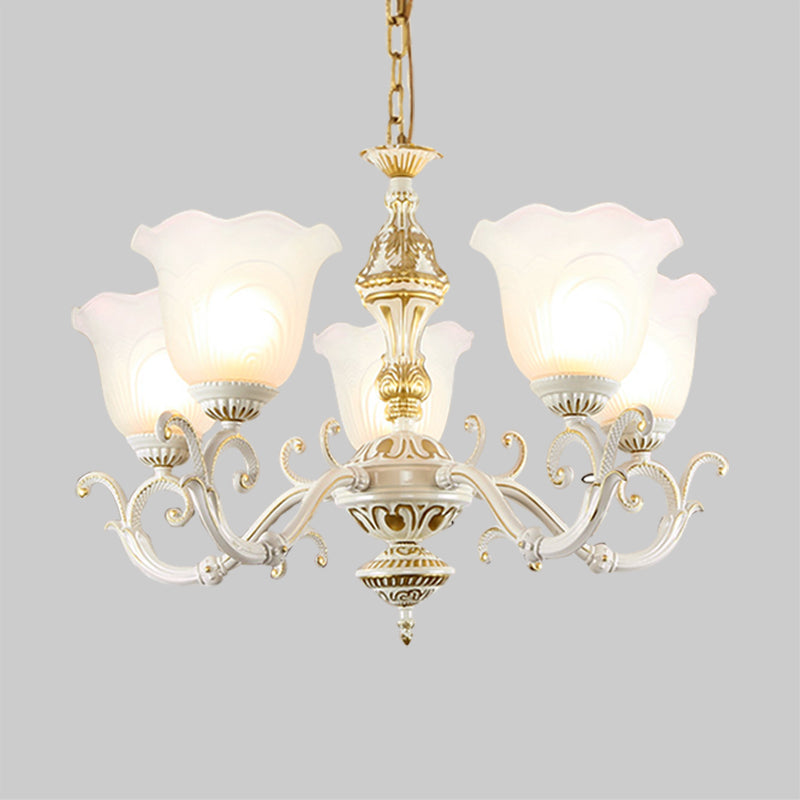 Opaline Glass Flower Ceiling Lamp Traditional 5/7-Light Drawing Room Pendant Chandelier in White and Gold