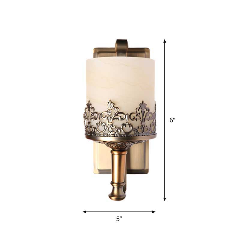 Antiqued Cylinder Wall Light Single Bulb White Glass Etching Wall Lighting Fixture in Gold