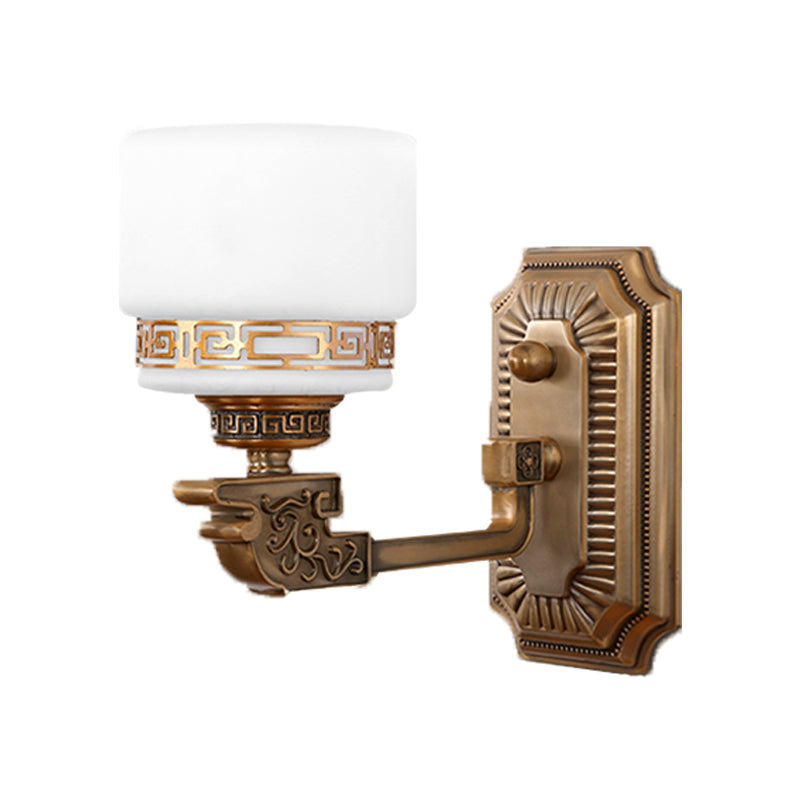 1-Head Cylindrical Wall Sconce Vintage Brass Milky Glass Wall Lighting Idea with Right Angle Arm