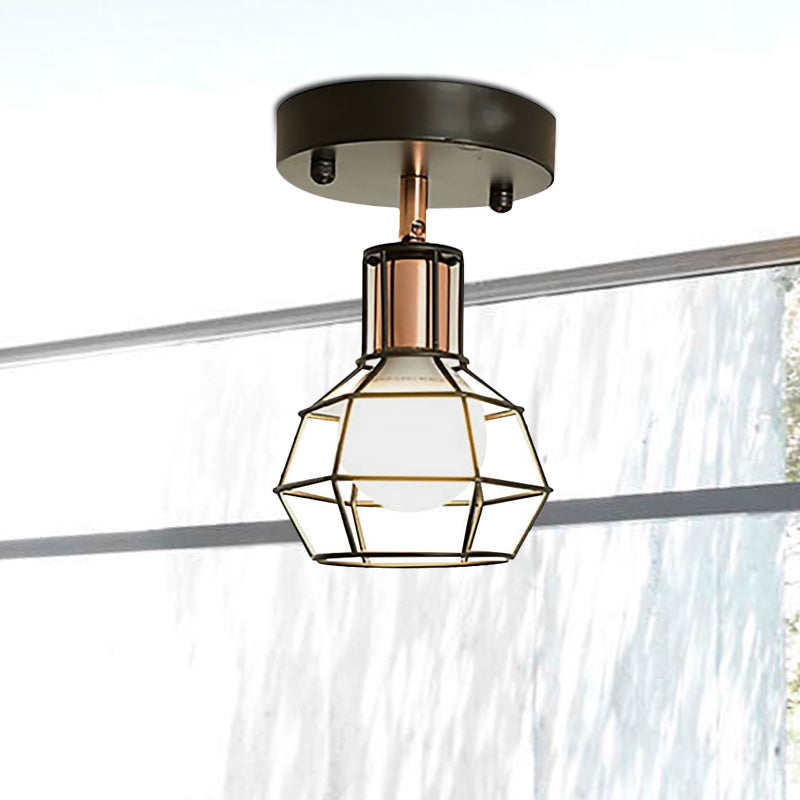Zwart/witte plafondlamp met draadkooi, industrieel metaal, 1 lamp, semi-inbouwlamp voor slaapkamer