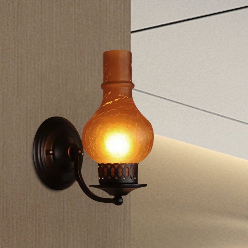 1 Bulb Vase Shade Wall Mounted Light Fixture Rustic White/Amber Crackle Glass Lighting for Corridor