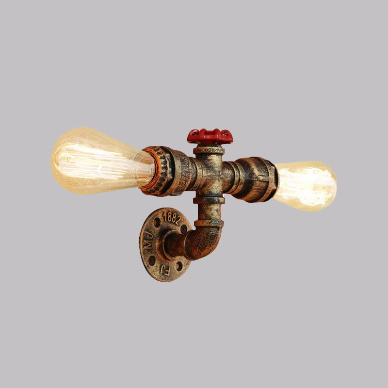 Bronze/Antique Brass 2 Heads Wall Light Fixture Warehouse Style Wrought Iron Bare Bulb Sconce Lamp with Pipe and Valve