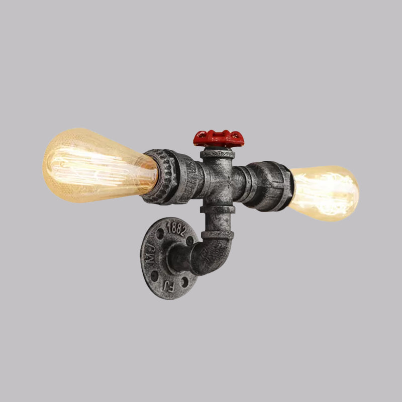 Bronze/Antique Brass 2 Heads Wall Light Fixture Warehouse Style Wrought Iron Bare Bulb Sconce Lamp with Pipe and Valve