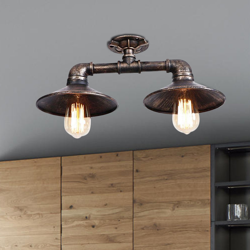 Platillo de hierro forjado, lámpara semiempotrada, estilo industrial, 2 luces, lámpara de montaje en techo para sala de estar, en bronce/plata envejecida
