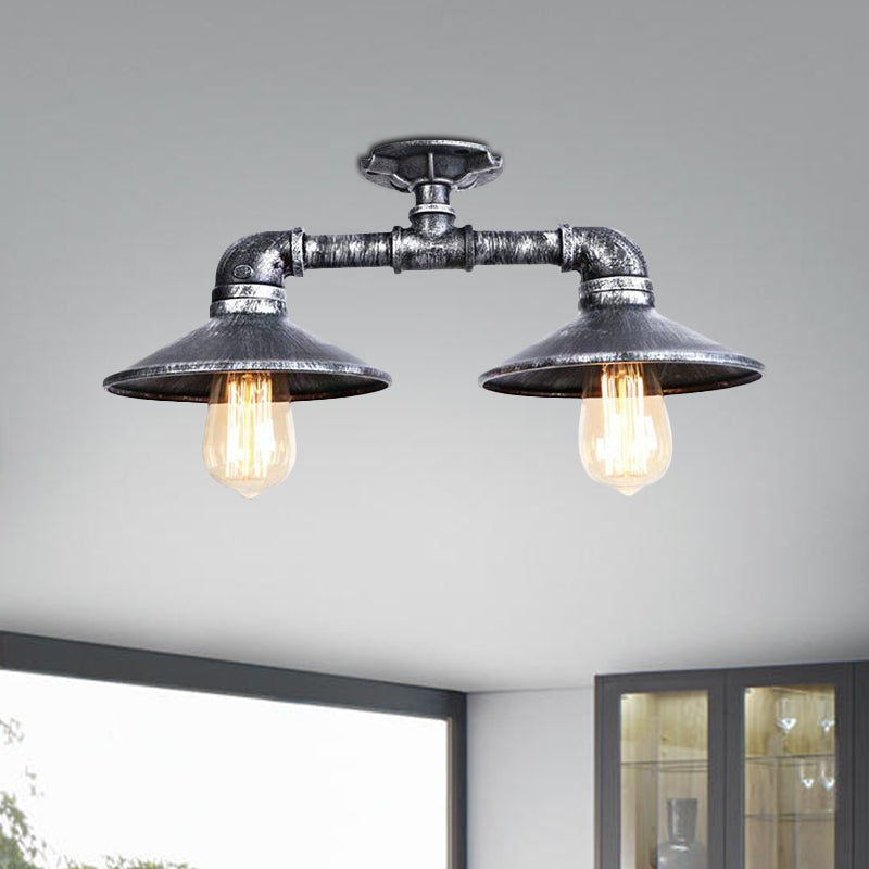 Platillo de hierro forjado, lámpara semiempotrada, estilo industrial, 2 luces, lámpara de montaje en techo para sala de estar, en bronce/plata envejecida
