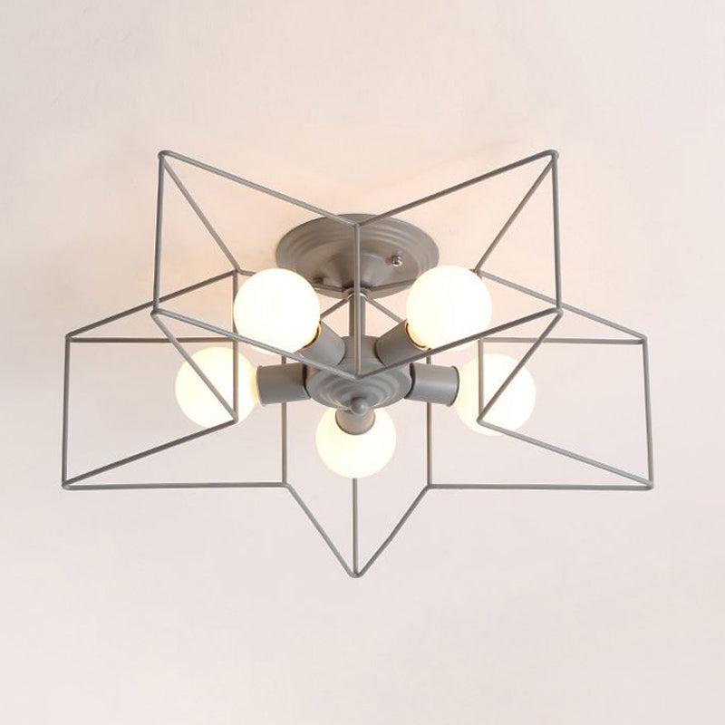5 Bulbs Semi-Flush Ceiling Fixture with Star Cage Shade Metallic Loft Stylish Indoor Semi Flush Light in Grey/Pink