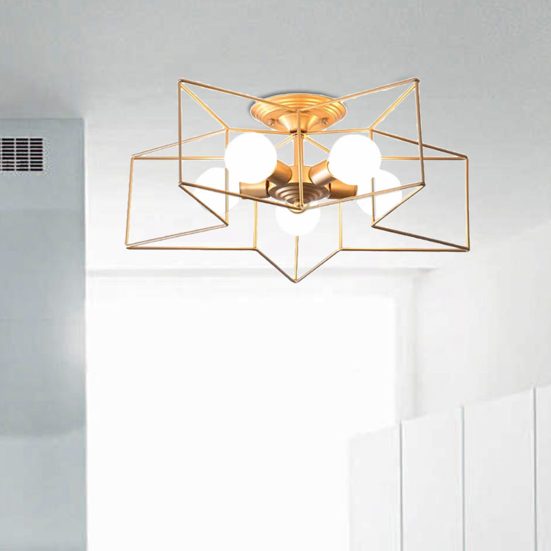 5 Bulbs Semi-Flush Ceiling Fixture with Star Cage Shade Metallic Loft Stylish Indoor Semi Flush Light in Grey/Pink