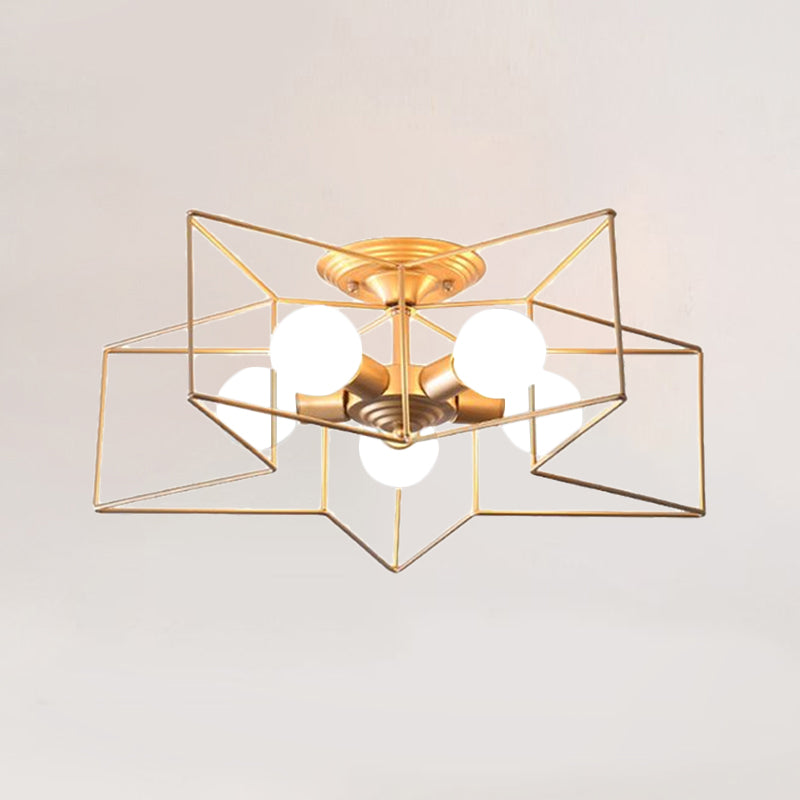 5 Bulbs Semi-Flush Ceiling Fixture with Star Cage Shade Metallic Loft Stylish Indoor Semi Flush Light in Grey/Pink