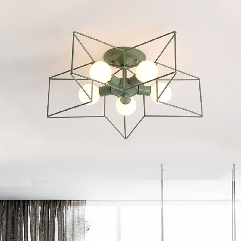 5 Bulbs Semi-Flush Ceiling Fixture with Star Cage Shade Metallic Loft Stylish Indoor Semi Flush Light in Grey/Pink