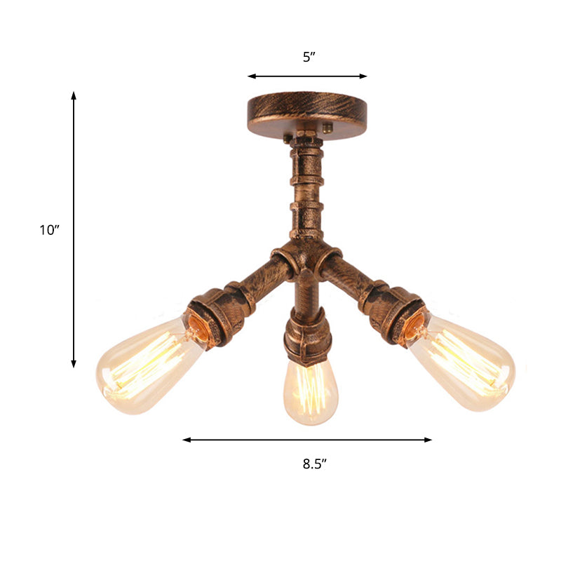 3-Light Ceiling Light with Pipe Metallic Shade Steampunk Living Room Semi Flush Light in Aged Bronze