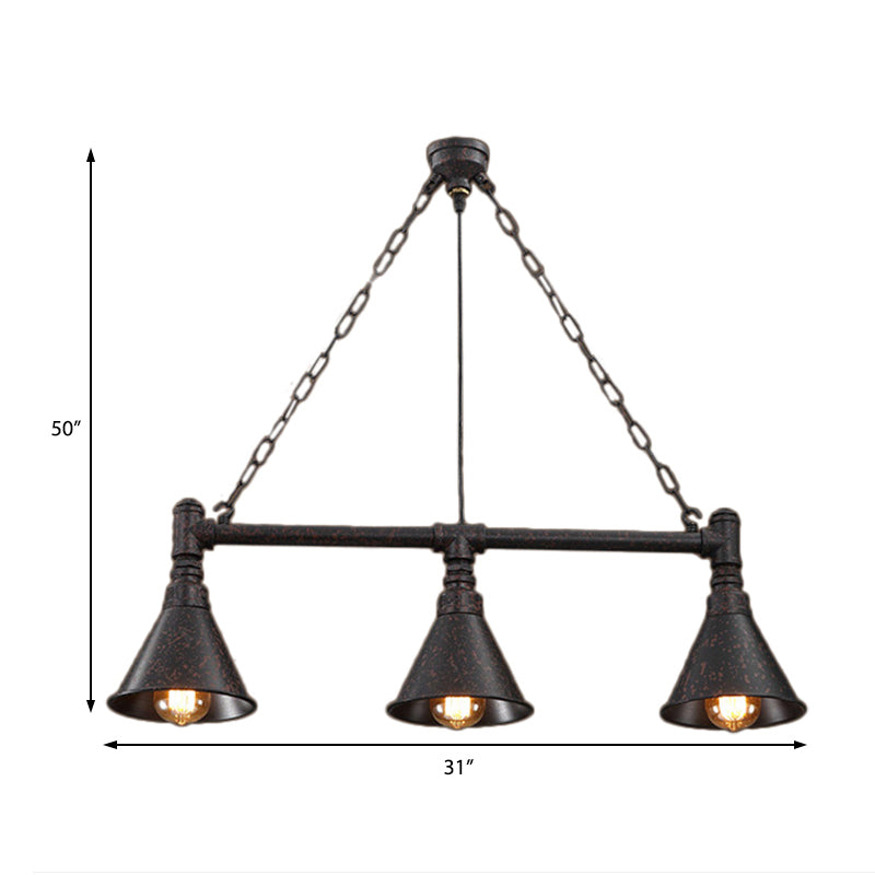 Rust Conical Island Lighting with Pipe Design Vintage Industrial Metal 3 Lights Dining Room Hanging Ceiling Light