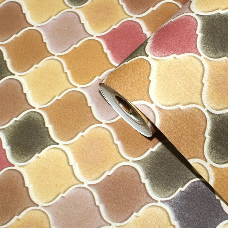 Moroccan Mosaics Tile Wallpaper Yellow-Green Moisture Resistant Wall Covering for Home