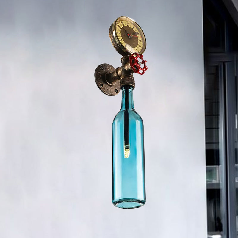 Brown/Blue Bottle Wall Sconce Lamp Vintage Stylish Glass 1 Bulb Living Room Wall Lighting with Gauge and Valve