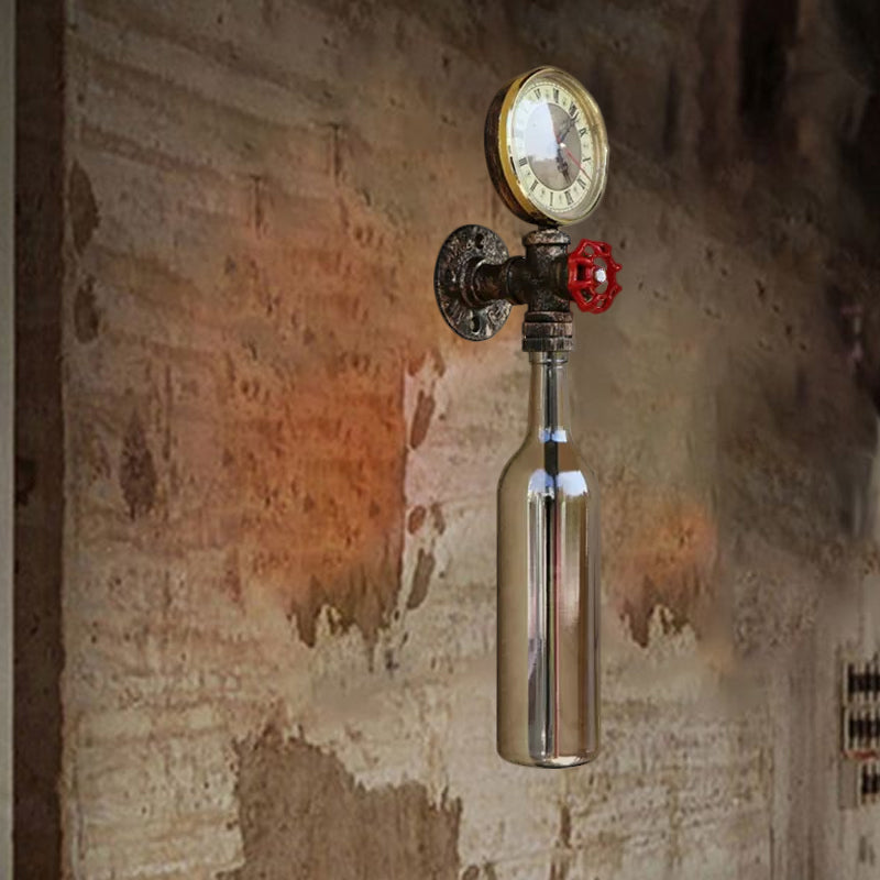 Brown/Blue Bottle Wall Sconce Lamp Vintage Stylish Glass 1 Bulb Living Room Wall Lighting with Gauge and Valve