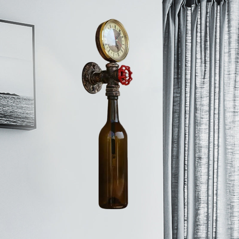 Brown/Blue Bottle Wall Sconce Lamp Vintage Stylish Glass 1 Bulb Living Room Wall Lighting with Gauge and Valve