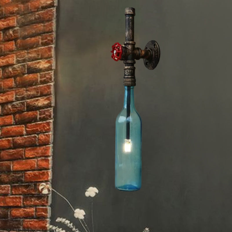 Glass Wine Bottle Wall Lighting Rustic Industrial 1 Light Restaurant Blue/Clear Wall Sconce Light with Red Valve