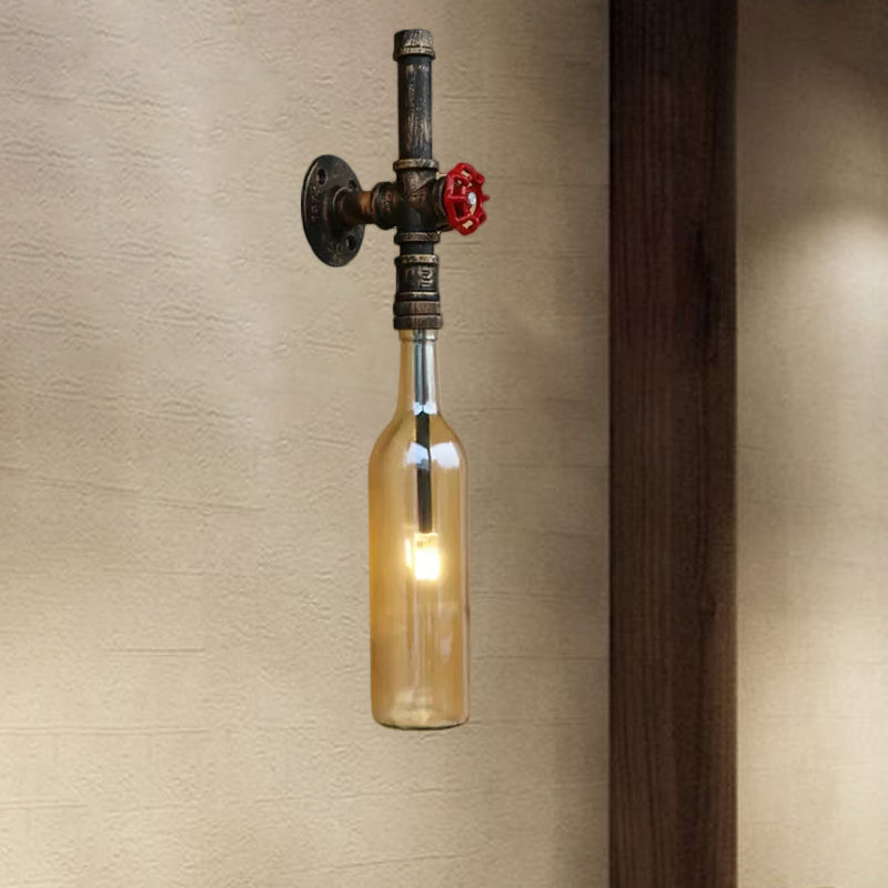 Glass Wine Bottle Wall Lighting Rustic Industrial 1 Light Restaurant Blue/Clear Wall Sconce Light with Red Valve