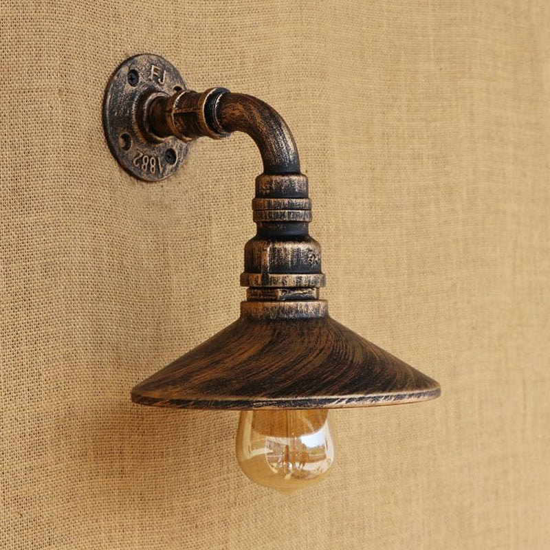 Metal Antique Brass/Black Wall Sconce Light Conic Shade 1 Light Steampunk Wall Lighting with Curved Pipe