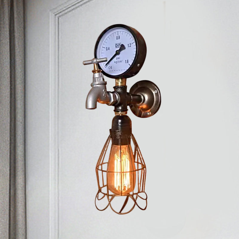 Industrielle Diamantkäfigwandlampe 1 Licht schmiedeeisere Wandbeleuchtung mit Messgerät und Wasserhahn in Silber/Blau