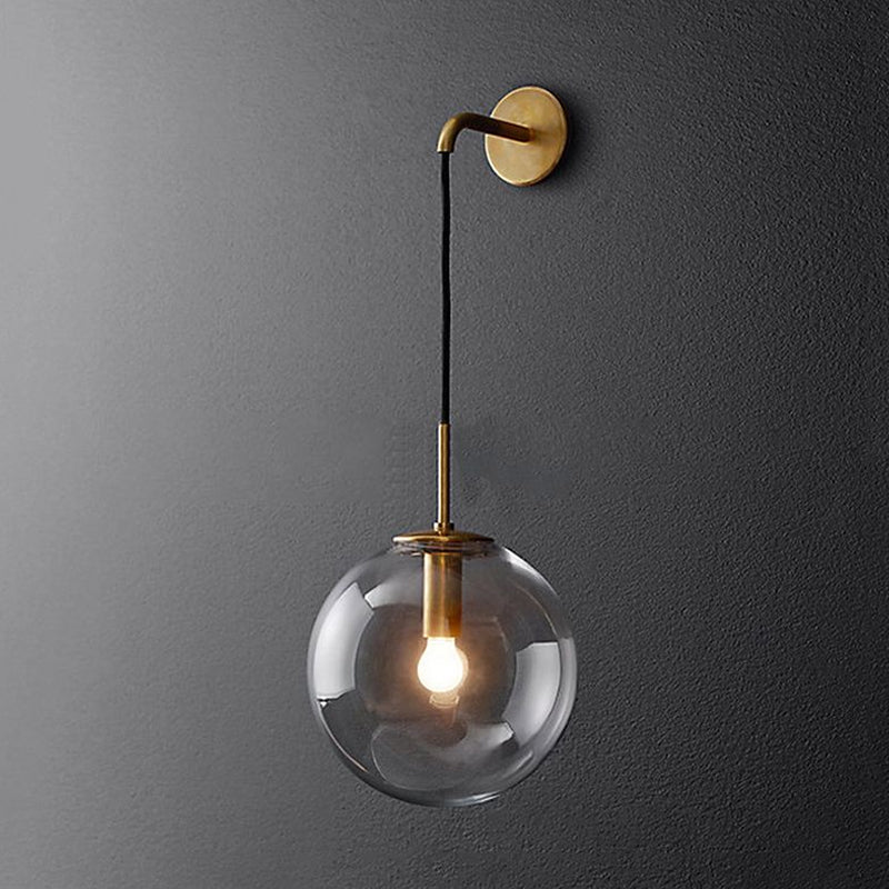 Round Clear Glass Wall Mounted Lamp Industrial Single Bulb Bedroom Vanity Sconce in Chrome/Brass/Black, 6"/8" Wide