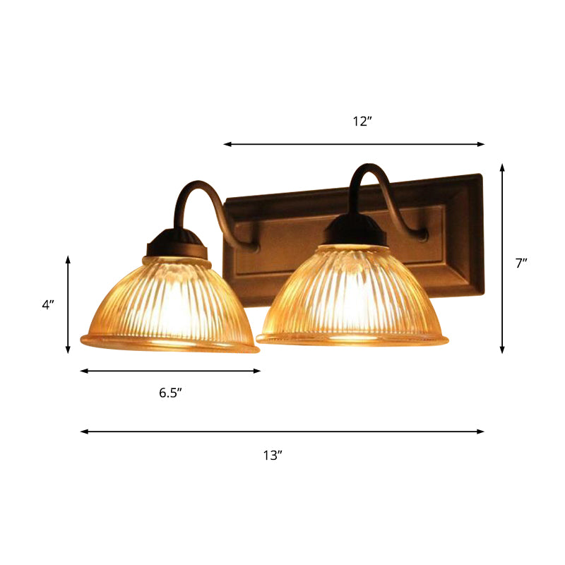 2 Lights Dome Sconce Light Rustic Style Black Clear Prismatic Glass Wall Lamp for Living Room
