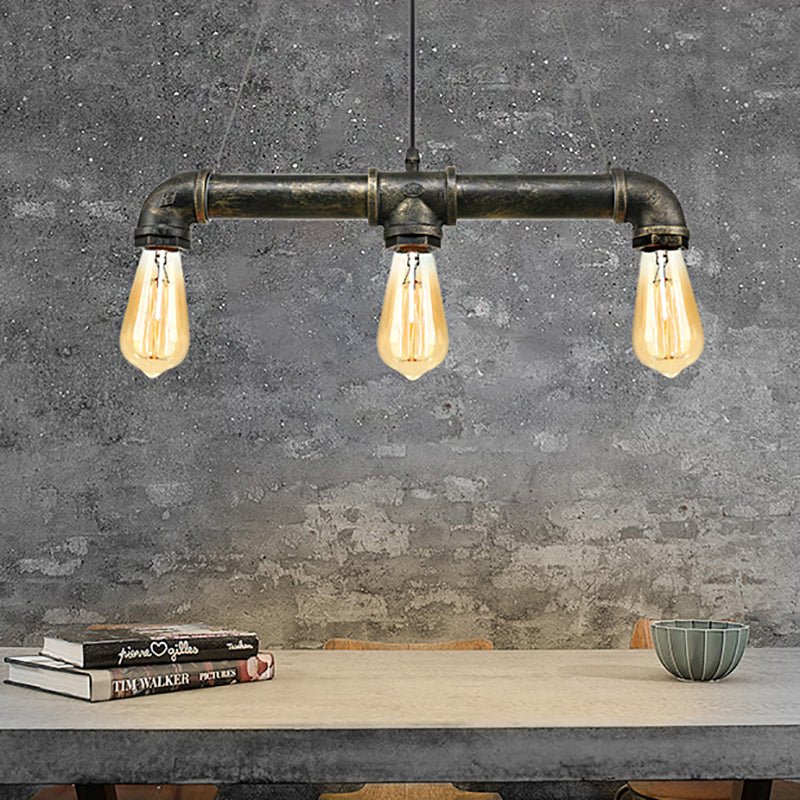 Aged Brass Pipe Ceiling Light Fixture with Open Bulb Antique Style Iron 3 Lights Indoor Island Pendant Light