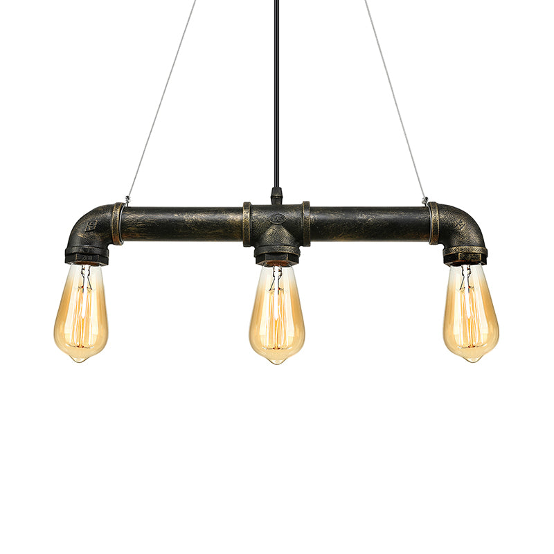 Aged Brass Pipe Ceiling Light Fixture with Open Bulb Antique Style Iron 3 Lights Indoor Island Pendant Light