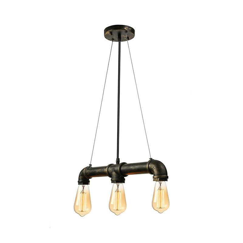 Aged Brass Pipe Ceiling Light Fixture with Open Bulb Antique Style Iron 3 Lights Indoor Island Pendant Light