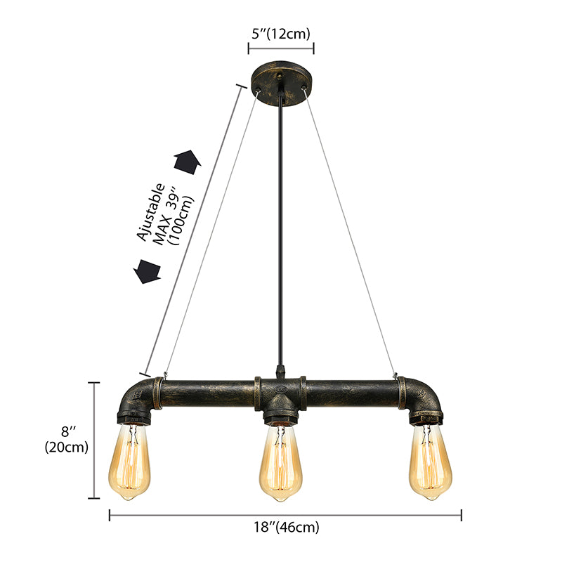 Aged Brass Pipe Ceiling Light Fixture with Open Bulb Antique Style Iron 3 Lights Indoor Island Pendant Light