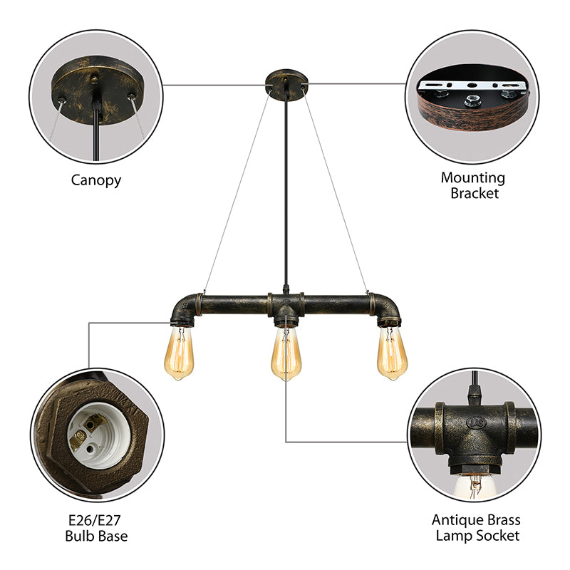 Aged Brass Pipe Ceiling Light Fixture with Open Bulb Antique Style Iron 3 Lights Indoor Island Pendant Light