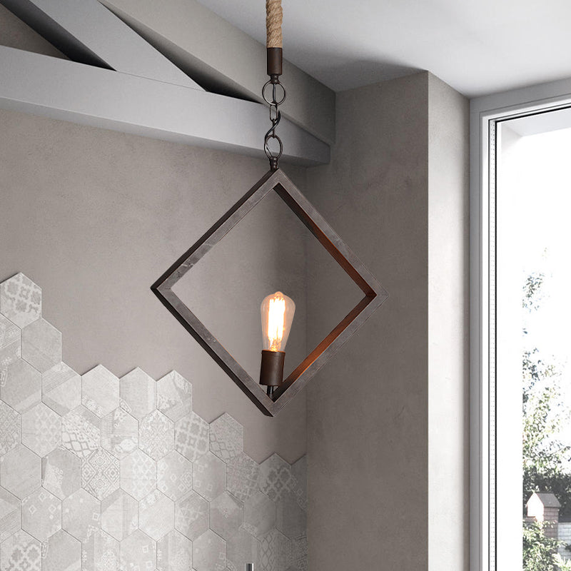 Zwart frame vierkante plafondverlichting antieke stijl metaal 1 licht binnen plafond armatuur met touw