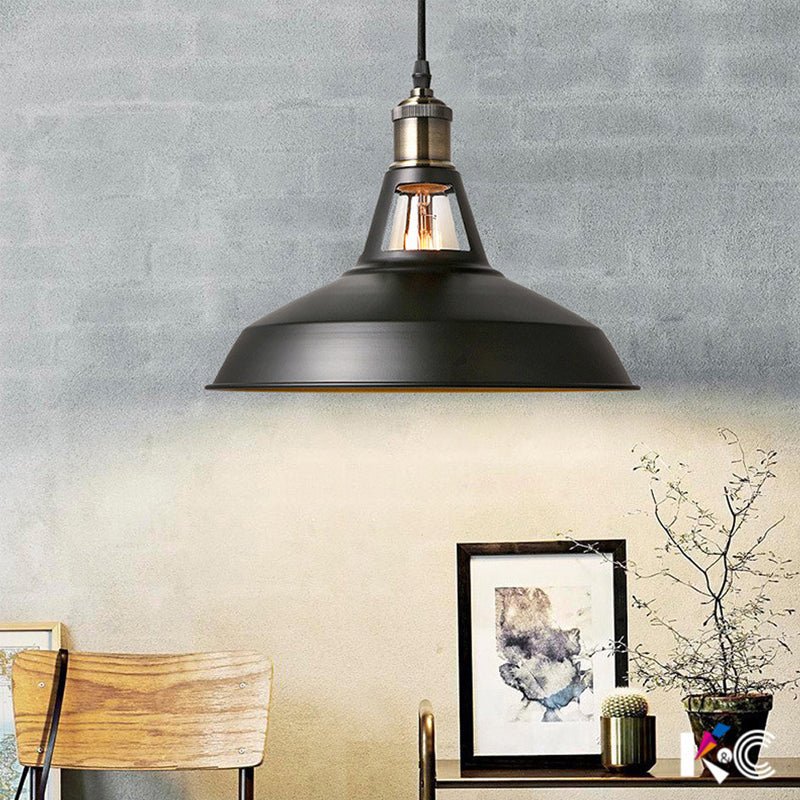 Barn Shade Living Room Pendant Lamp Industrial Style Metal 1 Light Black/White Ceiling Light Fixture with Hanging Rope